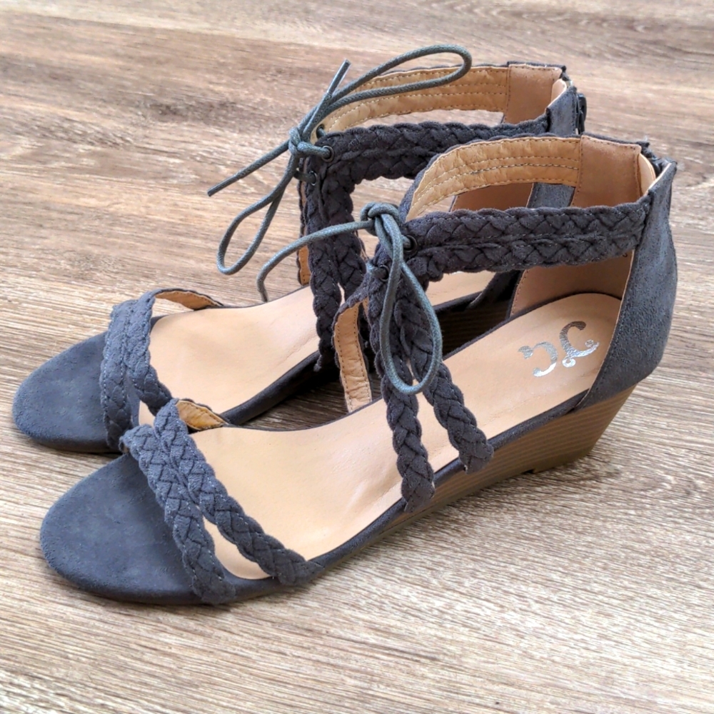 Journee Collection Gray Braided Gladiator Lace Up Aubree Wedge Heeled Sandals